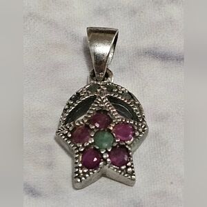 Sterling Silver Crescent Moon And Star Pendant with Rubies and Emerald Stones